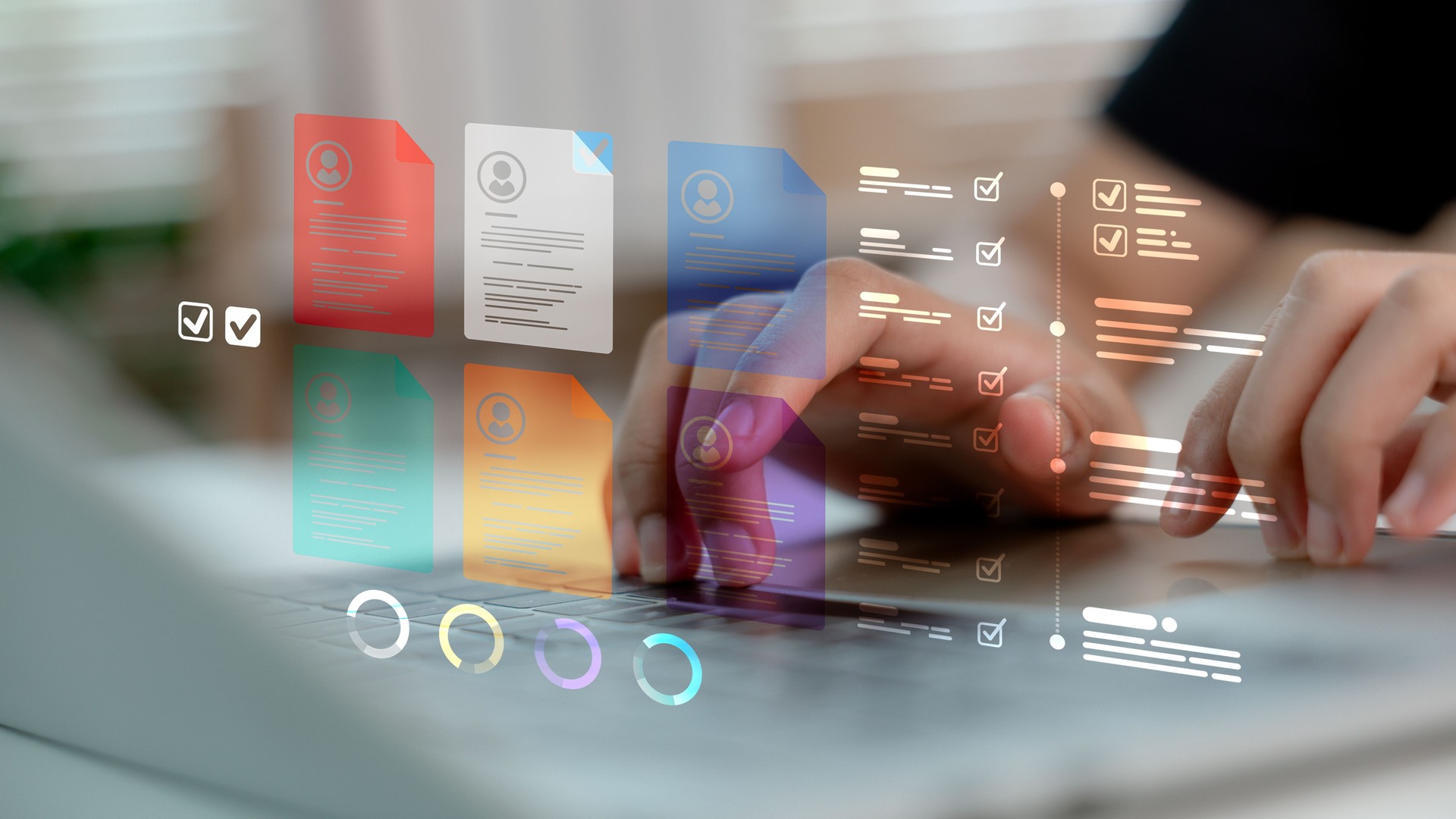 Hands typing on laptop with floating digital documents and checklist icons. Concept of online resume screening, recruitment process, task management, HR technology, and document workflow system.