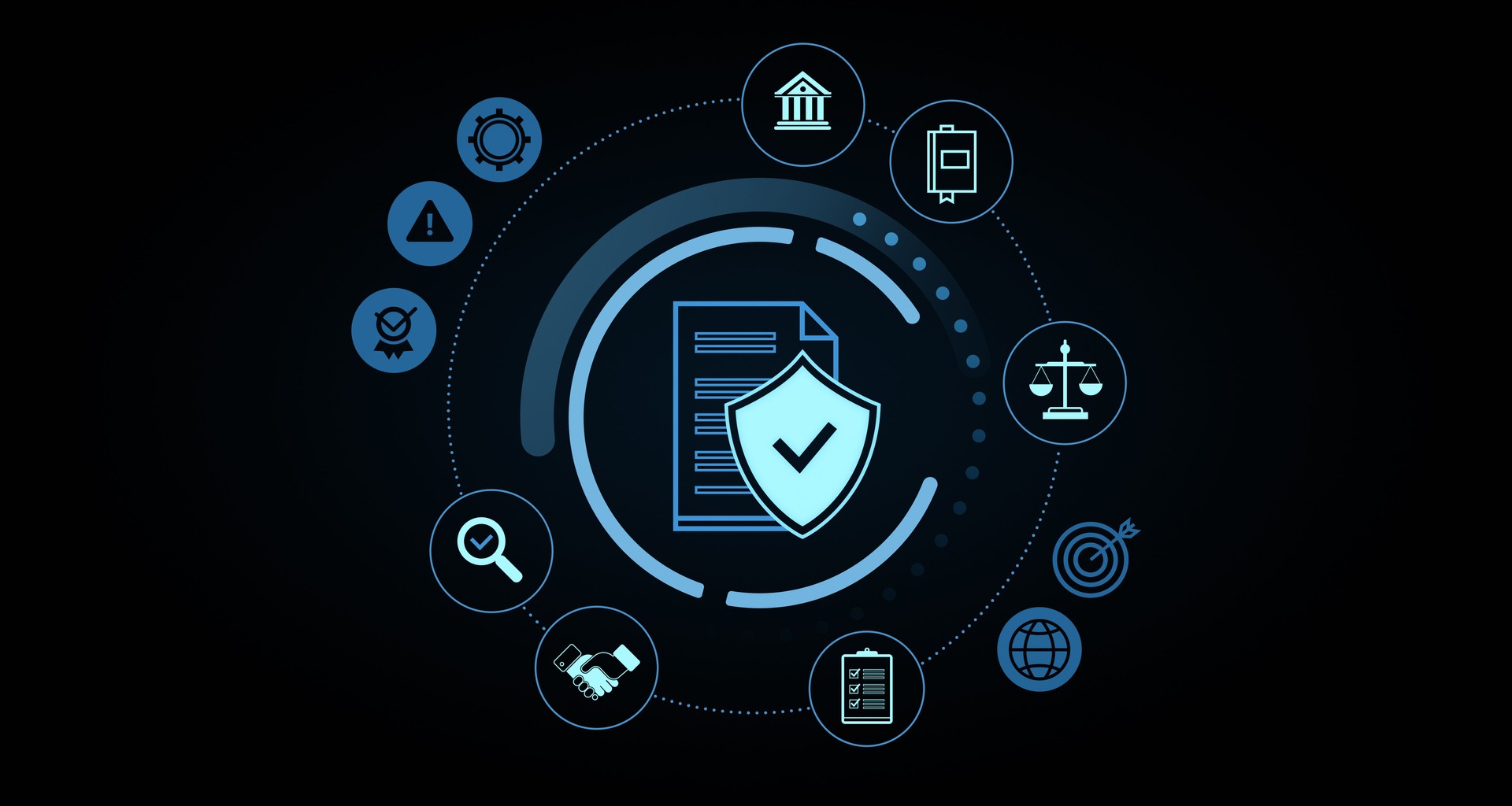 Secure document protection with compliance and legal icons in circular interface design on dark background symbolizing cybersecurity and data governance. 3D Rendering